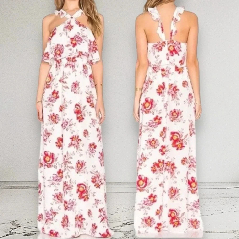 TULAROSA Red Floral Maxi Dress Ruffle Straps Size S - Picture 2 of 14